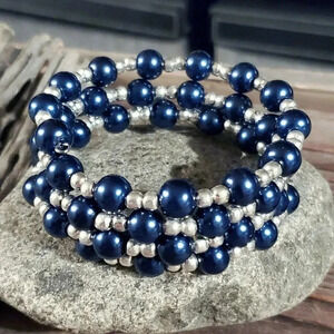 Handcrafted Dark Blue Glass Pearl Silver Beads Wrap Bracelet